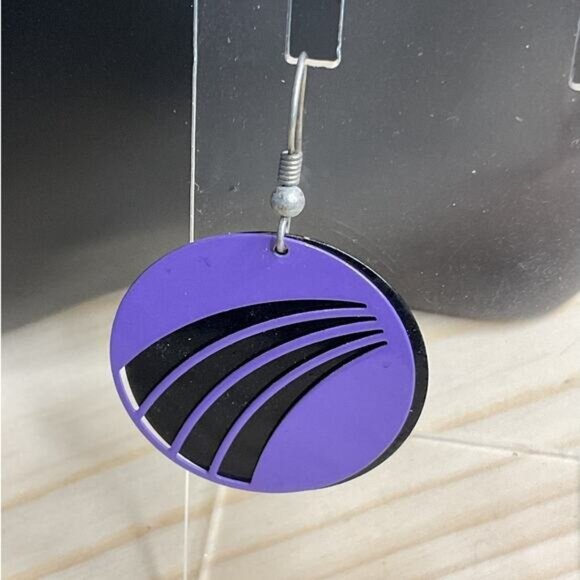 Purple & Black Circular Metal Dangle Earrings - Picture 5 of 5